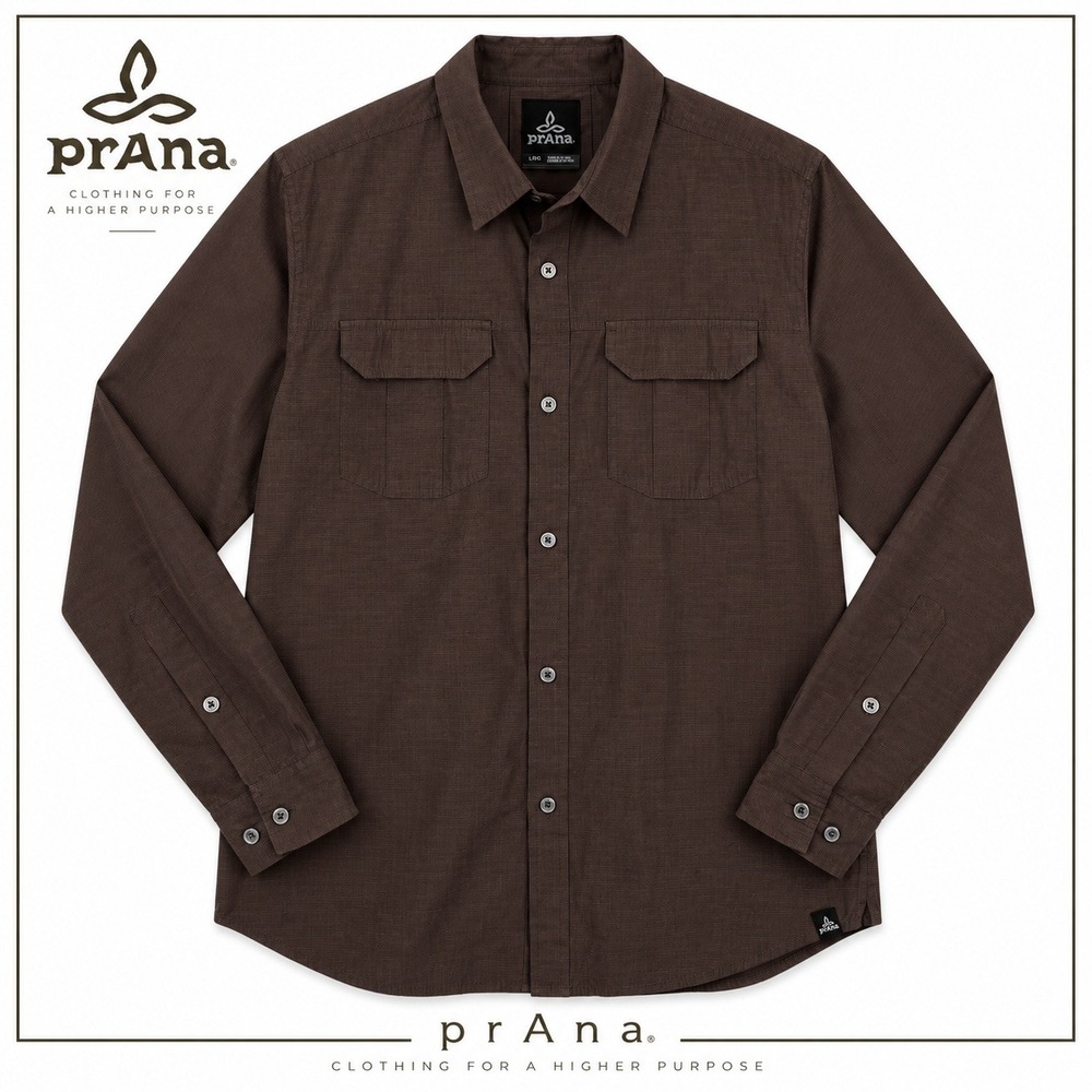 Prana Button Down Shirt Mens L Brown Micro Grid Long Sleeve Hiking Gorpcore